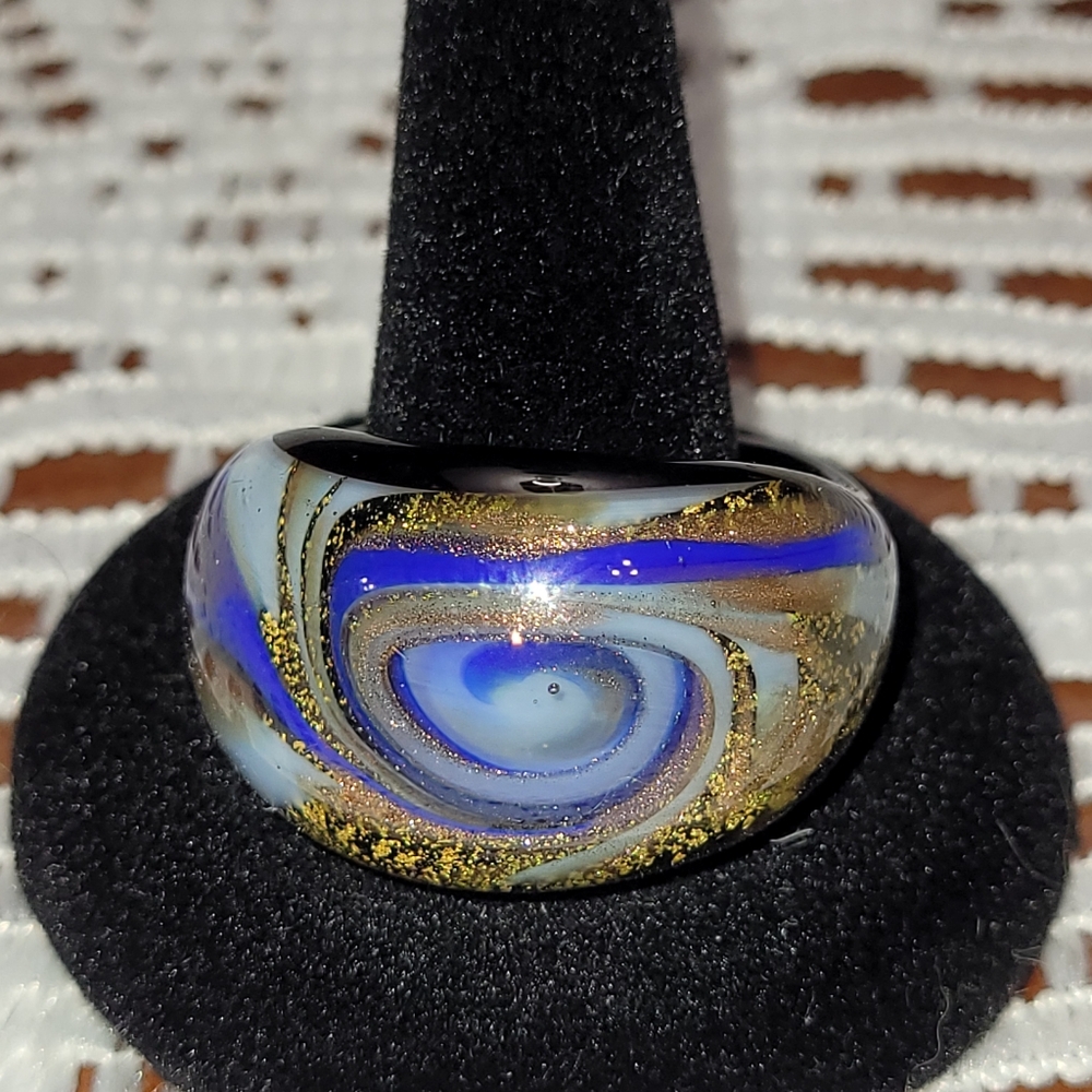 Swirled Galaxy Glass Ring with Blue and Gold Accents